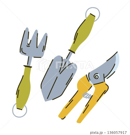 Garden trowel, hoe and pruning shears are tools for gardening, planting seeds, and weed control. 136057917