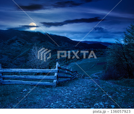 rolling hills of rural landscape in green grass at night. wooden fence in mountains in full moon light. alpine countryside in spring. cloudy sky. backdrop for fiction art or mystery concepts rolling hills of rural landscape in green grass at night. wooden fence in mountains in full moon light. alpine countryside in spring. cloudy sky. backdrop for fiction art or mystery concepts 136057923