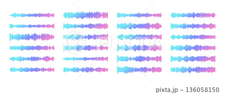 Soundwave graphic with gradient audio frequency lines and equalizer bars. Clean podcast simple icon with fluid pattern for radio broadcast, voice recording, or digital player interface design. 136058150