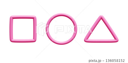 Pink gradient geometric doodle set with 3D tube borders - square frame, circular ring and triangle outline. Abstract glossy shapes in vibrant color, smooth curves and playful modern design. 136058152