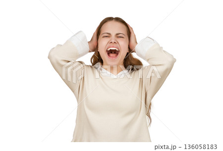 Teen girl suffer from headache. Headache and stress isolated on white. Student girl tired with pain. Headache and migraine after. Screaming teen girl has migraine. Stressed girl screaming Teen girl suffer from headache. Headache and stress isolated on white. Student girl tired with pain. Headache and migraine after. Screaming teen girl has migraine. Stressed girl screaming 136058183