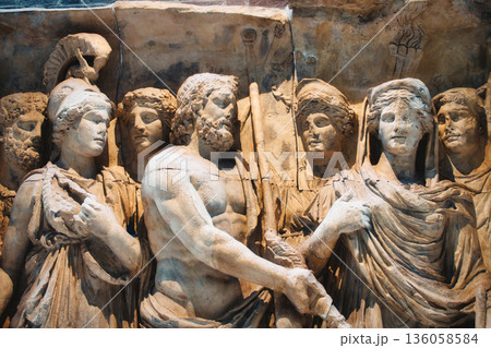Relief sculptures from the Arch of Trajan, an ancient Roman triumphal arch in Benevento, southern Italy Relief sculptures from the Arch of Trajan, an ancient Roman triumphal arch in Benevento, southern Italy 136058584