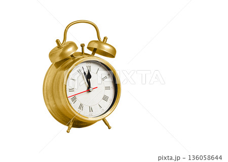retro clock, pointer clock, yellow color alarm clock on isolated white background retro clock, pointer clock, yellow color alarm clock on isolated white background 136058644