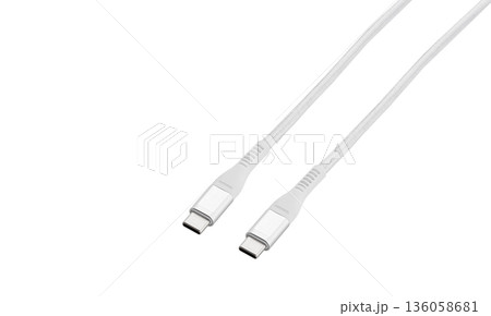 White cable for charging and synchronization with Type - C, USB, Micro USB, Lightning connectors on a white background 136058681