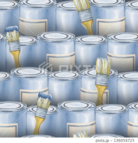 Seamless horizontal pattern with paint cans and brushes on a wooden handle. Watercolor illustration of the painter's working tools. A realistic background for the design of repair and construction 136058725