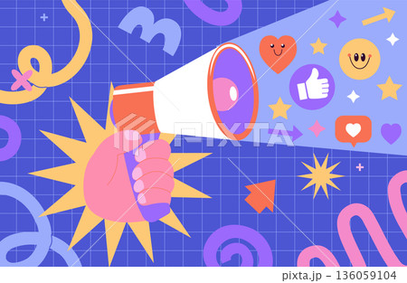 Megaphone with social media emoji-hearts, likes, smiles, thumb up on fun childish background. Online marketing and influencing via mobile devices. Template for advertise, announce, marketing. Vector 136059104