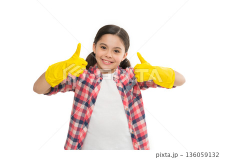 Weekends were not made for housework. Housekeeping duties. Cleaning supplies. Girl rubber gloves for cleaning white background. Teach kid appreciate cleanliness. Cleaning day. She likes tidiness 136059132