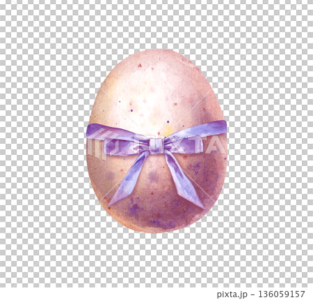 A single colored egg with splashes of paint and a purple bow. Watercolor illustration on an isolated background. Easter pink egg for festive spring decor and holiday decoration. 136059157