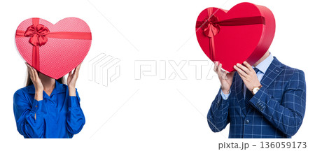 Businesspeople with gift box isolated on white. Valentines day celebration in office. Valentines day marketing. Love and heart. Giving gift reward. Businesspeople with present. Advertisement banner Businesspeople with gift box isolated on white. Valentines day celebration in office. Valentines day marketing. Love and heart. Giving gift reward. Businesspeople with present. Advertisement banner 136059173