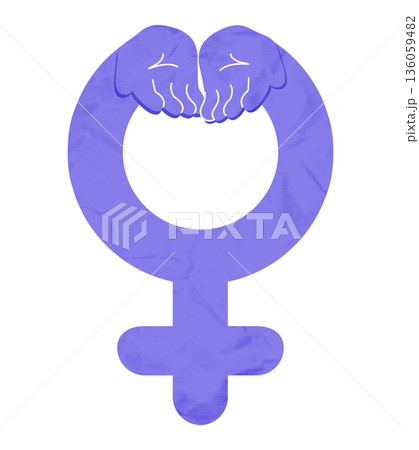 Give To Gain for International Women's day. IWD 2026 campaign sticker with purple Venus symbol with open female hands gesture. Feminism, empowerment and gender equality concept. Vector illustration 136059482