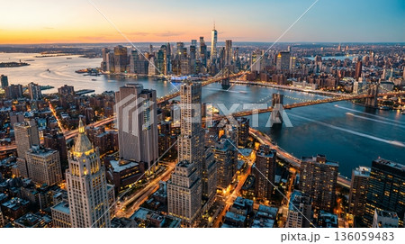 夕暮れのニューヨーク風の都市景観 歴史的なビルと吊り橋のあるマンハッタンの空撮 136059483
