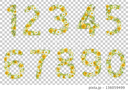 花卉數字套裝 0-9，壓花材質，首字母花朵，黃色，植物主題，透明背景 PNG 136059499