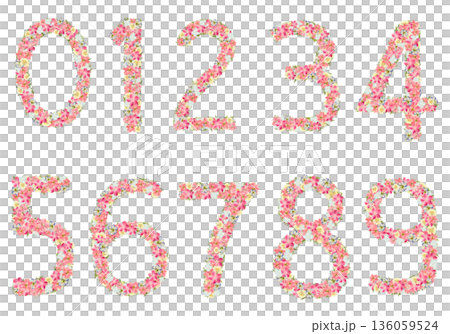 ピンクの花で作った数字セット 0-9 押し花素材 フローラル ボタニカル 背景透過PNG ピンクの花で作った数字セット 0-9 押し花素材 フローラル ボタニカル 背景透過PNG 136059524