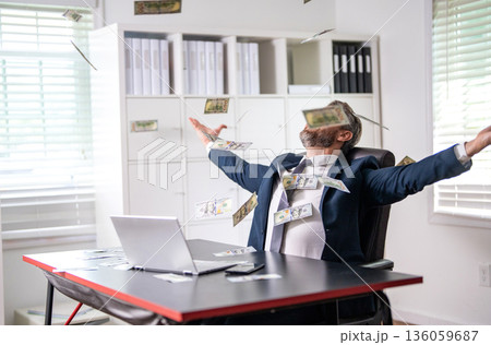 Investment success. Business success. Businessman counting money at office. Business man counting dollar. Rich happy Hispanic boss waste money. Successful finance businessman Investment success. Business success. Businessman counting money at office. Business man counting dollar. Rich happy Hispanic boss waste money. Successful finance businessman 136059687