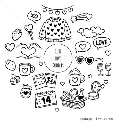 Hand draw doodle valentines day illustration. Love decorative elements with hearts Hand draw doodle valentines day illustration. Love decorative elements with hearts 136059706