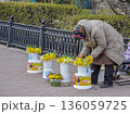 An elderly woman sells flowers on a city street 136059725