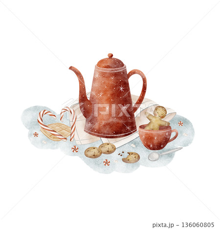 Watercolor illustration of red teapot, cup on napkin, Christmas cookies, hand-drawn in childish style gingerbread for greeting postcard posters, holiday invitations, New Year on an isolated background 136060805
