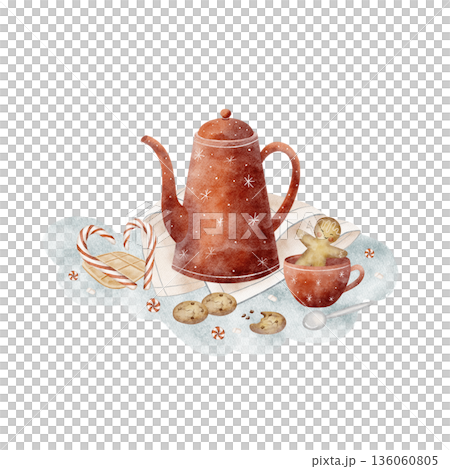 Watercolor illustration of red teapot, cup on napkin, Christmas cookies, hand-drawn in childish style gingerbread for greeting postcard posters, holiday invitations, New Year on an isolated background 136060805