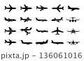 Collection of black silhouette airplane icons showing various aircraft types 136061016