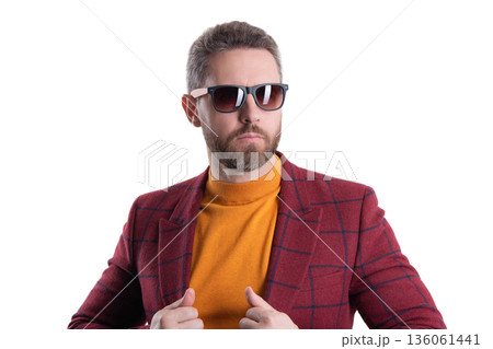 Man in business jacket and sunglasses. Mature man wear menswear fashion. Stylish and trendy. Hispanic fashion model. Stylish man in menswear isolated on white. Sleek trendsetter 136061441