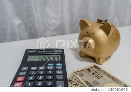 家計を計算する豚の貯金箱と硬貨 家計を計算する豚の貯金箱と硬貨 136061666