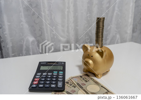 豚の貯金箱にお金を入れる 豚の貯金箱にお金を入れる 136061667