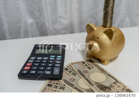豚の貯金箱にお金を入れる 豚の貯金箱にお金を入れる 136061670