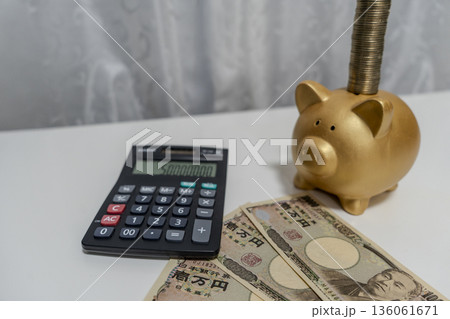 豚の貯金箱にお金を入れる 豚の貯金箱にお金を入れる 136061671