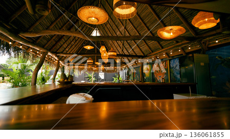 Tropical bar with thatched roof and hanging lights 136061855