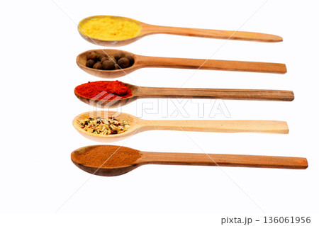 spicy fragrant spices in spoons spicy fragrant spices in spoons 136061956