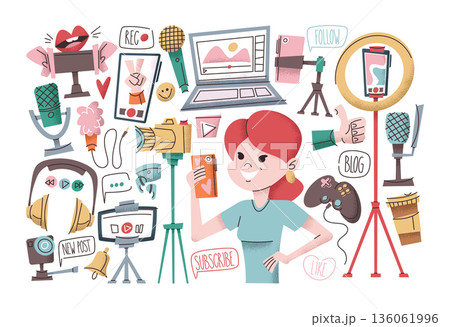 Blogging hand drawn set with pretty female blogger and various doodle style colorful elements 136061996