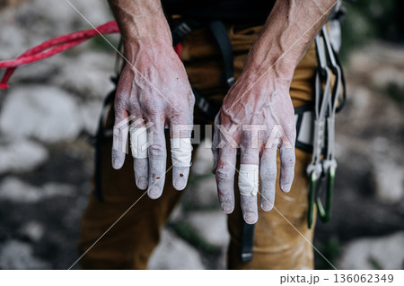 Chalk Covered Fingers Of Rock Climber After Difficult Route: Taped Fingertips, Worn Skin, And Small Traces Of Blood Showing Physical Strain In Close Up Detail 136062349