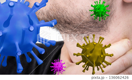 A man with stubble, clearly ill with a cold and sore throat, holds his throat in pain. Sore throat virus on background 136062426