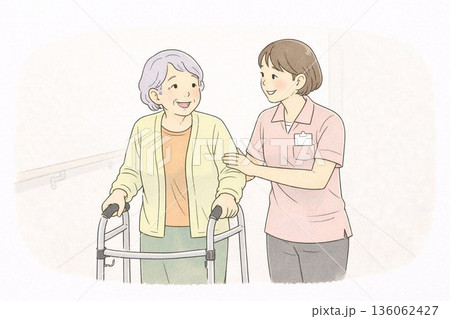 歩行器で歩く高齢者と介護スタッフ / Elderly Care Walk 歩行器で歩く高齢者と介護スタッフ / Elderly Care Walk 136062427