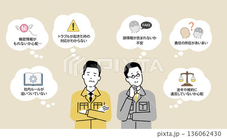 AI導入に不安を抱える現場担当者と管理者の悩みを表現したビジネスイラスト 136062430