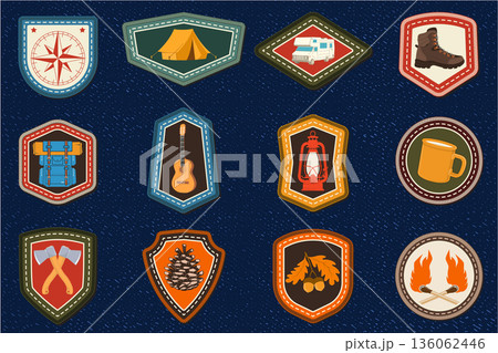 Set of Scout badge with compass, camping mug, pine cone, travel backpack, crossed axes. Vector. Merit patch, sticker for camping outdoor and academic activities Set of Scout badge with compass, camping mug, pine cone, travel backpack, crossed axes. Vector. Merit patch, sticker for camping outdoor and academic activities 136062446
