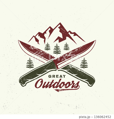Great outdoors patch, sticker. Vector illustration. Concept for shirt or logo, print, stamp, patch or tee. Vintage typography design with forest pine tree, camping knives and mountain silhouette Great outdoors patch, sticker. Vector illustration. Concept for shirt or logo, print, stamp, patch or tee. Vintage typography design with forest pine tree, camping knives and mountain silhouette 136062452