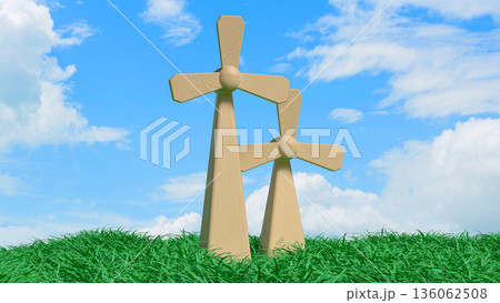 Wooden Wind Turbines in Green Field Under Blue Sky Concept 3d render. Wooden Wind Turbines in Green Field Under Blue Sky Concept 3d render. 136062508