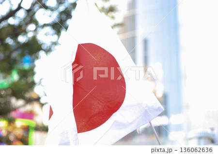【日本の国旗】冬の空の街並みになびく国旗 136062636