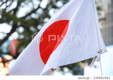 【日本の国旗】冬の空の街並みになびく国旗 136062662