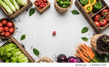 新鮮な収穫野菜のフラットレイ 白背景のコピースペース 136062730
