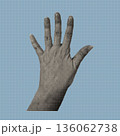 Trendy vintage collage conception with open palm hand symbol. Halftone illustration of human hand showing stop gesture in retro pop art style. Vector illustration. 136062738