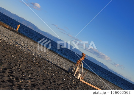夕陽に照らされる流木と太平洋の波しぶき【静岡県_三保の松原】 夕陽に照らされる流木と太平洋の波しぶき【静岡県_三保の松原】 136063562