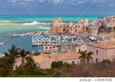 View of Castellammare del Golfo with Colorful Harbor and Historic Buildings View of Castellammare del Golfo with Colorful Harbor and Historic Buildings 136063586