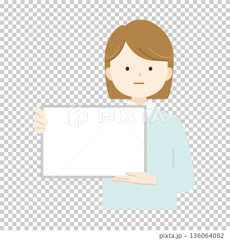 Illustration of a woman's upper body holding a flipboard Explanation, commentary, presentation 07 136064082