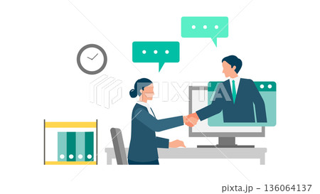 オフィスでテレビ会議をする女性のビジネスイラスト 136064137