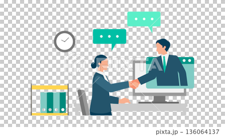 オフィスでテレビ会議をする女性のビジネスイラスト 136064137