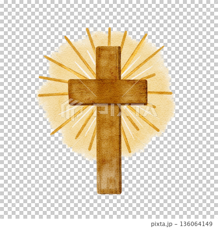 Watercolor wooden cross with radiant golden halo isolated on white background, painted in warm natural tones, Christian symbol of faith and resurrection for Easter design, church prints, worship 136064149