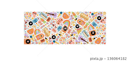 Groovy y2k music background with colorful sticker shapes, retro cassette, radio, disco and guitar elements. Festival concept for creative, vintage, fun, and trendy artistic use. Groovy y2k music background with colorful sticker shapes, retro cassette, radio, disco and guitar elements. Festival concept for creative, vintage, fun, and trendy artistic use. 136064182