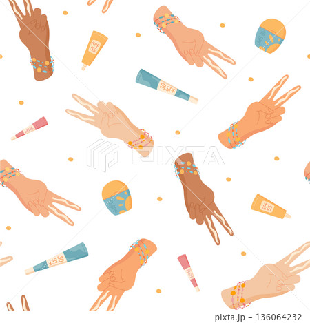 Flat seamless pattern with two finger rule hand shape, sunscreen cream, spf tube, woman, lotion, body on background. Seamless pattern shows summer sun care, skin protection, cosmetic use, modern style Flat seamless pattern with two finger rule hand shape, sunscreen cream, spf tube, woman, lotion, body on background. Seamless pattern shows summer sun care, skin protection, cosmetic use, modern style 136064232